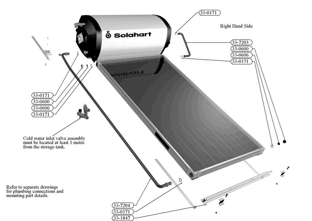 33-1197 Solahart Owner s Manual Thermosiphon Systems - Revision J 2016 January 37 INSTALLATION DIAGRAM MODELS 151L For general (for ALL models) Installation Instructions, refer to Page 12.