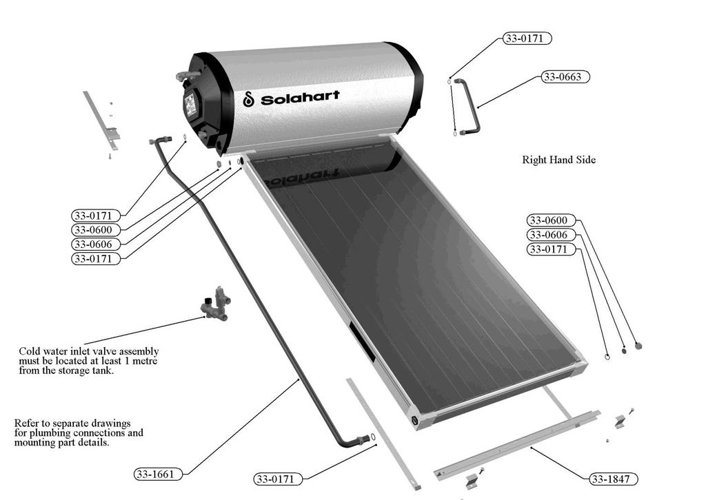 33-1197 Solahart Owner s Manual Thermosiphon Systems - Revision J 2016 January 39 INSTALLATION DIAGRAM MODELS 181L For general (for ALL models) Installation Instructions, refer to Page 12.