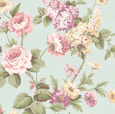 Life size roses and lilacs are raised above the smooth and solid field of this lovely wallpaper.