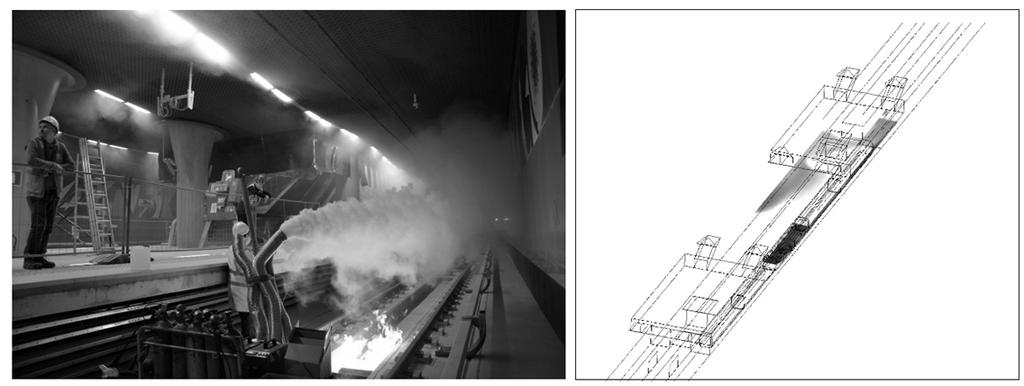 - 172 - Figure 13: Smoke movement in one quarter of the station in a hot smoke test and in simulation (scenario 7) 5.
