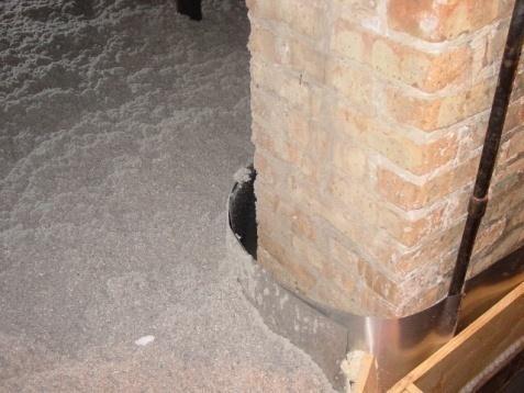 Cover gap between the chimney and structural members (chaseways) in the basement/crawl space with a heat resistant material (flashing, gypsum board, etc.) and seal with a compatible sealant.