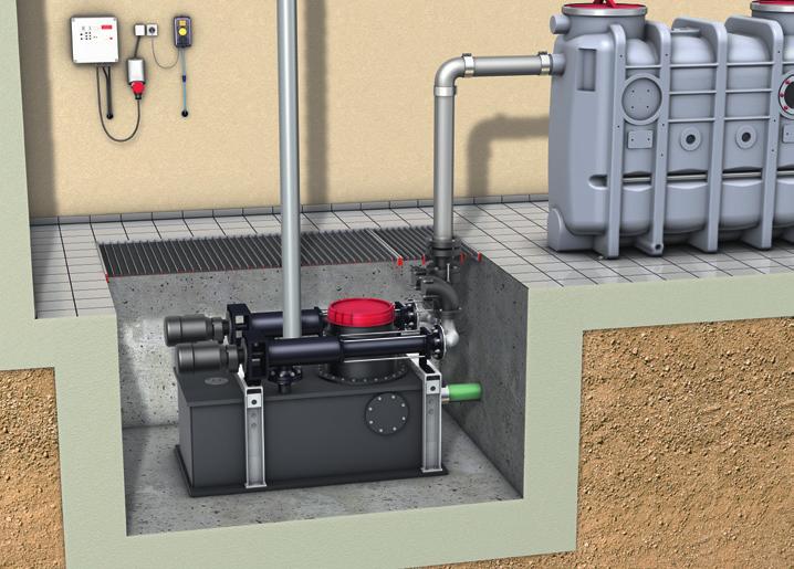 Special solutions: upstream tank system with eccentric spiral pumps 32 Application example: when inlet pipe connections to grease separator systems are positioned too low Low inlet pipe heights