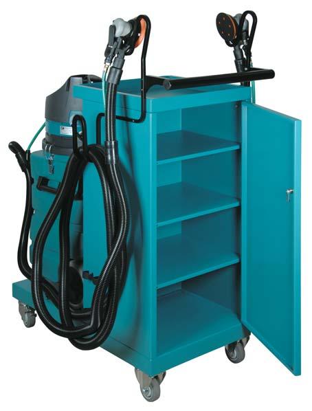 Vacuum unit mounts and locks to cart for stability, and may be quickly removed for everyday maintenance.
