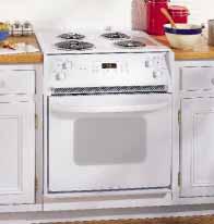 Designer-style handle JDS26BW White or almond (not shown) Standard clean oven Drop-In Spacemaker Ranges: 27" Electric These models include Lift-up overhanging porcelain-enameled cooktop One 8"