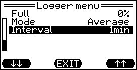 Press EXIT to return to the recorder menu. The selected mode will be kept. Interval: The data recording interval can be selected by and between 1 second and 60 minutes.