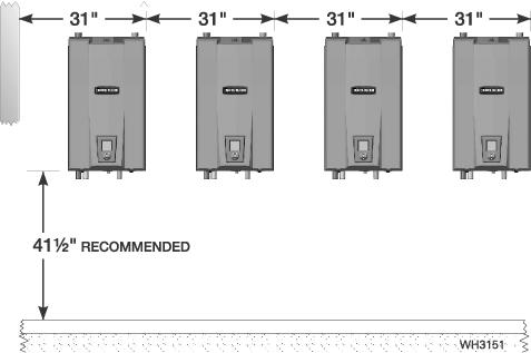 Multiple boiler installations Placing multiple boilers 1. Locate multiple boilers with spacings shown in Figure 59. 2. Provide indicated clearances around boilers for access and servicing.