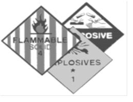 Explosive Red = Flammable Gas and Liquid White = Poison Black/White = Corrosive Yellow = Oxidizer Yellow/White = Radioactive Green = Non-Flammable Gas Class