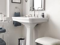 Pedestal Sink Has a column-like base that supports the sink that it mounted on top.