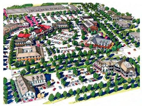 The plan recommends transforming the shopping center from one single super block to several smaller urban blocks, with commercial buildings fronting on each of these streets.