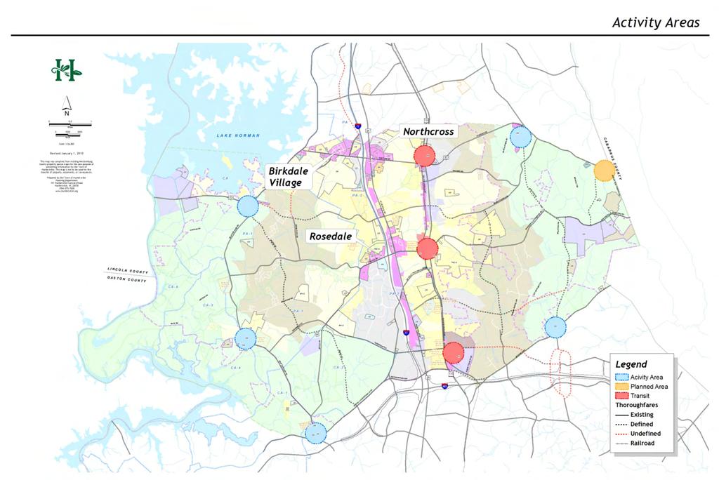 Reconcile local and regional functions of road corridors containing commercial development. Virtually every major road corridor within Huntersville is state maintained (Map CD-3).
