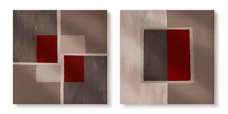 Here, eye-catching yet simple geometrical paintings integrate the rich, deep plum of the adjacent walls, while the white matting of the trio of charcoal drawings on the