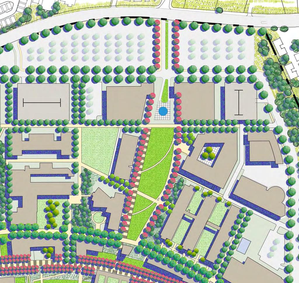 The redesigned open space quad will draw visitors into the heart of the campus. Design Concepts A. The Entry Road will be situated opposite Parkside Drive, allowing for a four-way intersection. B.
