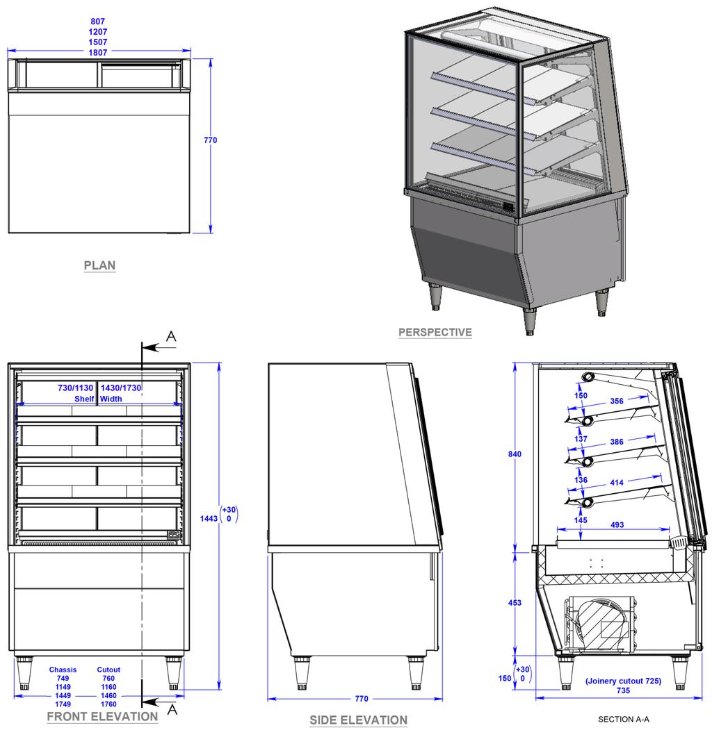 Square Glass Cabinets Types IN 5C08/12/15/18 Because the front face of Square glass cabinets is vertical, deeper shelves can be fitted in the upper two levels.