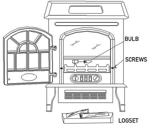 CHANGING THE LIGHT BULB 1. Open the door of unit with the handle. 2. Loosen the 2 screws at the front of the log set inside the stove.
