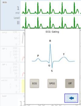 To exit the tone source sub menu press the back icon. A pulse tone is only generated if the parameter of the selected tone source is measured. e.g. If ECG is selected as tone source and the ECG is not connected to the patient the monitor will not generate a pulse tone.