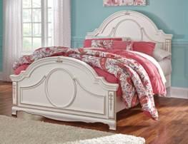 B355 Korabella French inspired group in a white finish over replicated oak grain Detailed scroll and leaf appliques with rose color gold color accent 3D Press drawer fronts French