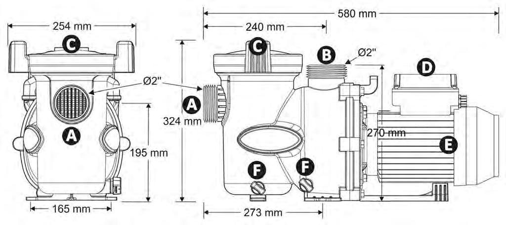 Dimensions Weight pump only : 10 kg Description A B C D E F Performance graphs Water admission Water