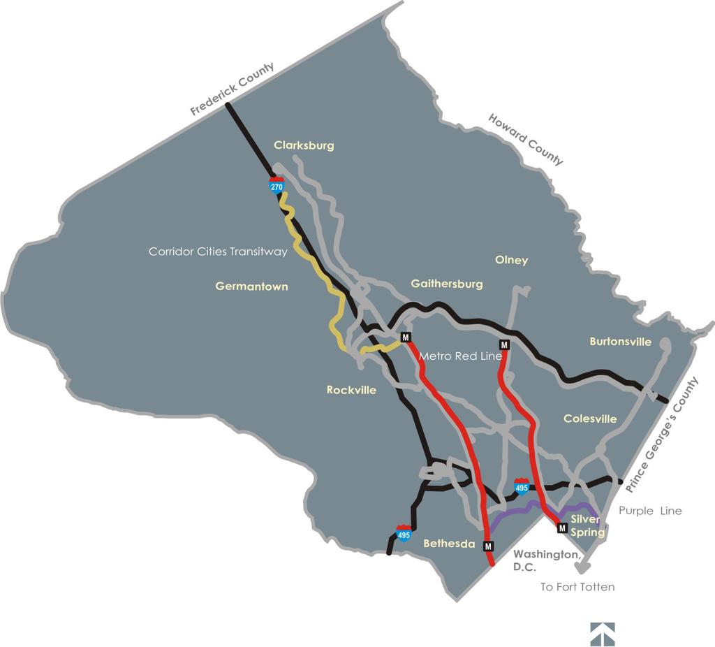 map 2 relationship of proposed BRT system to transit facilities of Transportation (MCDOT), Maryland State Highway Administration (SHA), Washington Metropolitan Area Transit Authority (WMATA), City of