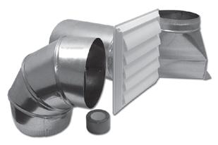 377 Wall Vent Kit (#378 Packaging) 1-7 plastic louvered wall vent 1-7 galvanized pipe - 12 length 1-7 galvanized adjustable elbow 1-3 ¼ x 10 galvanized transition 1 - roll of duct tape Kitchen Can be