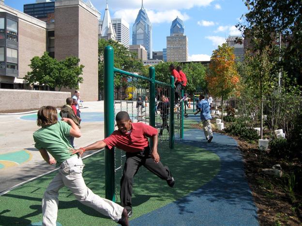 Replacing hardscaped play areas with pervious paving and rain gardens, green schoolyards can serve as stormwater storage,