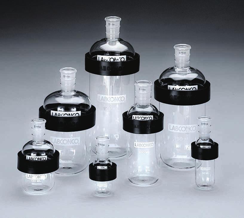 A complete Lyph-Lock Flask includes a glass top and bottom and a rubber ring seal. Tops, bottoms and seals are available separately as replacement components.