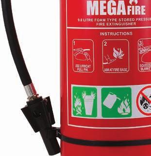 4 EFFECTIVE RANGE: 20422-LM-5401 32 SECONDS 6 METRES MegaFire s 9L AFFF foam fire extinguisher contains a concentrate mixed with water which produces a foam when discharged (Aqueous Film Forming