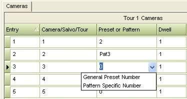 The Cameras tab section on the right side of the screen allows you to create the entries, cameras, and other actions associated with each Tour. To create Tours, complete the following fields.