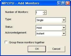 Adding Monitor Definitions To create monitor definitions, click Add on the right side of the Alarms-Monitor screen. The Add Monitors dialog box appears. Figure 76.