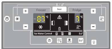 Control Panel Interface (mounted above dispenser assembly) Example above shows Sequence '07' of the Auto Test in the freezer temperature display and fault code '7' to '0' flashing alternatively in