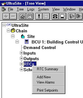 5 RTCs Main Menu From the RTC Main Menu, users may view RTC summary information, add new units, print set points, and view RTC-related alarms.