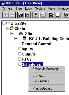 6 Schedules From the Schedules Main Menu, users may view schedule summaries, add new schedules, view schedule alarms, and print schedule set points.