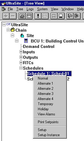 6.1. Individual Schedule Menu BCU regular, alternate, holiday, and temporary schedules may be set up using the Individual Schedule Menu options. Screen Map Option Reference Page Normal Section 6.1.1., BCU Normal Schedule.