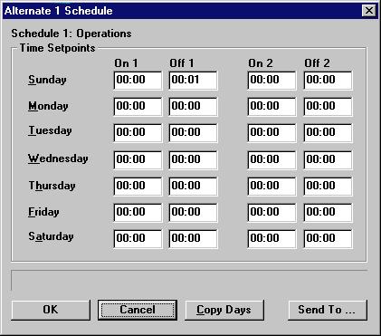 6.1.2. Alternate 1 Schedule ON and OFF operation times for Alternate Week 1 schedules are defined at the Alternate 1 Schedule dialog box.
