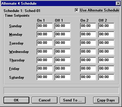 6.1.4. Alternate 3 Schedule ON and OFF operation times for Alternate Week 3 schedules are defined at the Alternate 3 Schedule dialog box.