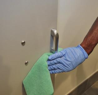 ) 3 Apply disinfectant to EXTERIOR of toilets and urinals Spray the outside of the toilets and urinals (including the chrome, back wall area and floor immediately