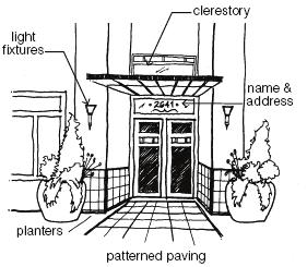 i) recess ii) overhang iii) canopy iv) portico v) porch Group B i) clerestory ii) sidelights flanking door iii) ornamental lighting