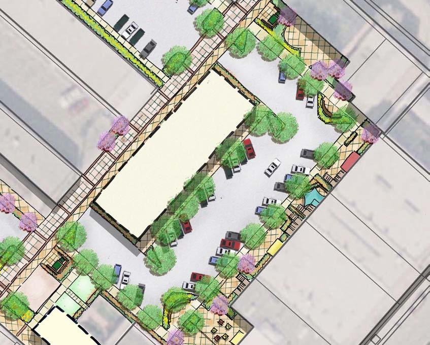 PARKING BENEATH BIOSWALE OPTION 2 - POTENTIAL ON ALLEY INFILL DEVELOPMENT BIOSWALE POTENTIAL BIO-SWALES POTENTIAL BACK PATIO AND ENTRY ENHANCEMENTS TO BUSINESSES EXISTING ON ALLEY STRUCTURE VIEW