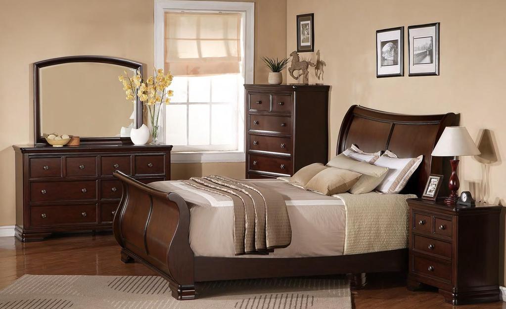480 Burberry Collection Cappuccino Cherry Majestic movements, graceful curves, and simple elegance define the 480 Burberry Sleigh Bedroom Collection with the stately Sleigh Bed, this collection