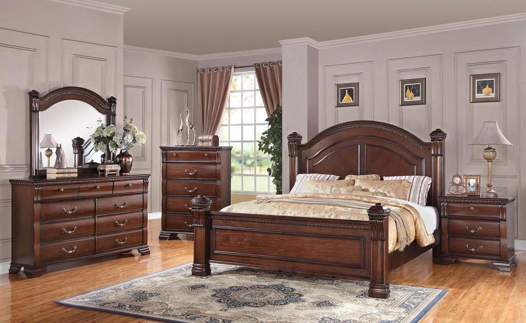 The 527 Casablanca Bedroom Collection features heavily carved posts and intricate hand carved details, crystal enhanced hardware and detailed inlays, create a stately bedroom collection.