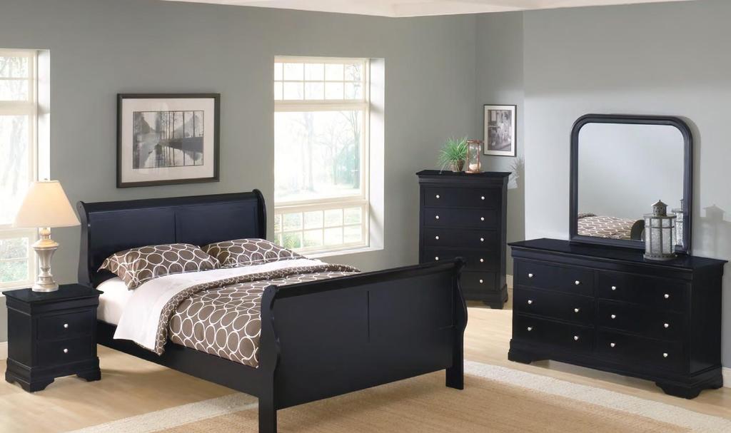 328 Renaissance Sleigh Black The 329 Renaissance Black Sleigh Bedroom Collection brings the classic beauty of a Classic Sleigh in a rich Black finish, nickel finished hardware dovetailed drawers and