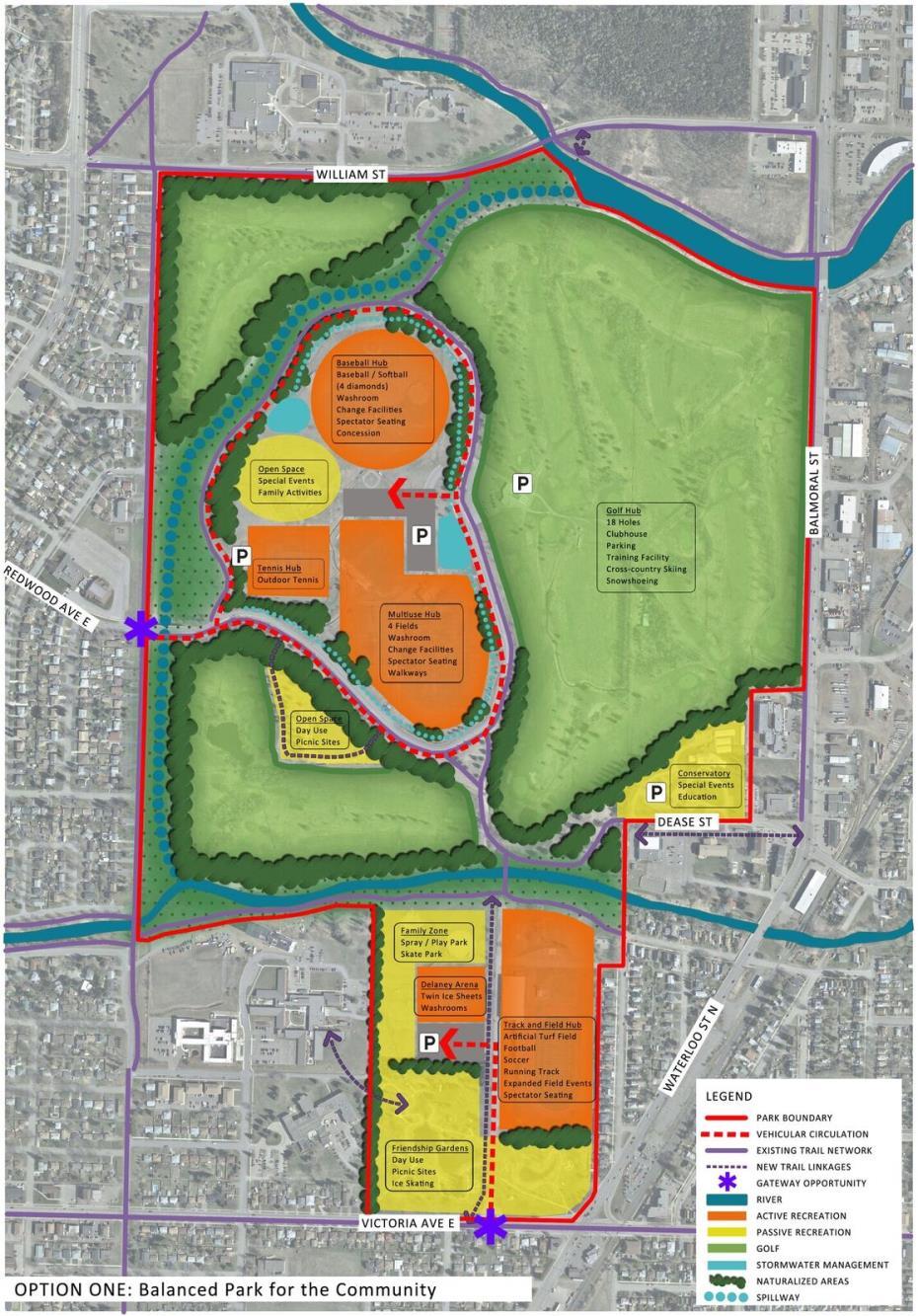 7 SITE PLAN OPTIONS Option One: Balanced Park for the Community A balance between active and passive recreation through the reduction in the overall number of sports fields and the provision of more