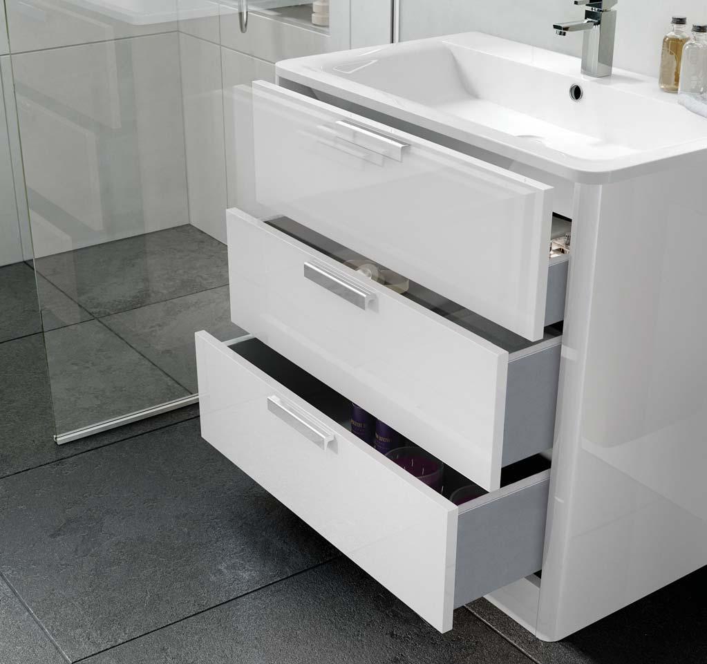 2 1 EFFORTLESSLY STYLISH 80cm Wide KURVE Floor Standing Unit. 3 THE KURVE RANGE IS PACKED FULL OF DESIGN FEATURES, WHICH YOU CAN CUSTOMISE TO YOUR PERSONAL NEEDS. 1. 1 Soft close on all Kurve range drawers.