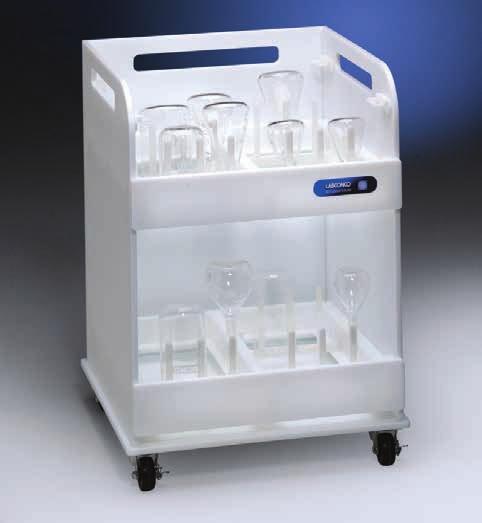 1 cm), may be arranged in the drawers to hold inverted flasks, beakers and other glassware. Rails are provided to allow a lower washer rack to slide directly onto the cart from the washer.