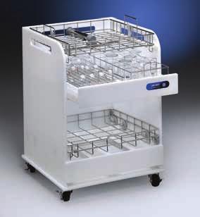 Glassware Carts Safely transport clean and dirty labware. Come with two large or four small interchangeable vinyl-coated wire baskets and removable drip pan below the baskets to catch spills.