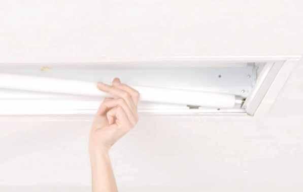 2. Open and remove fixture cover. 3. Remove fluorescent tubes and ballast cover. Recycle tubes according to EPA guidelines (EPA.Gov).
