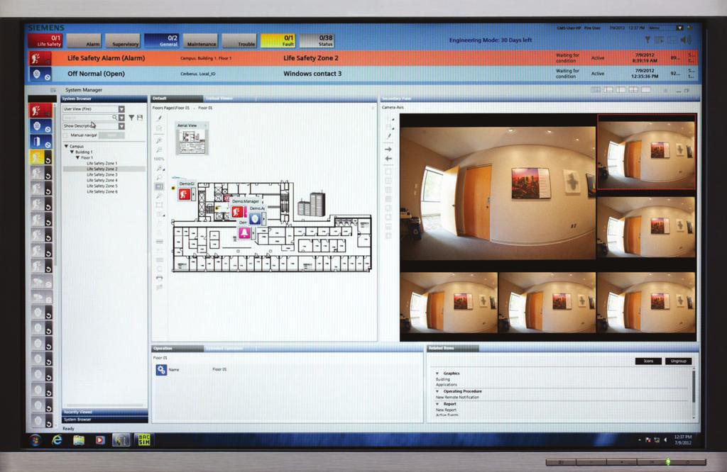System Manager displays all devices and applications, and finds devices in alarm 3. Primary Pane shows additional information about a selected point e.g. graphical location of fire detector in alarm 4.
