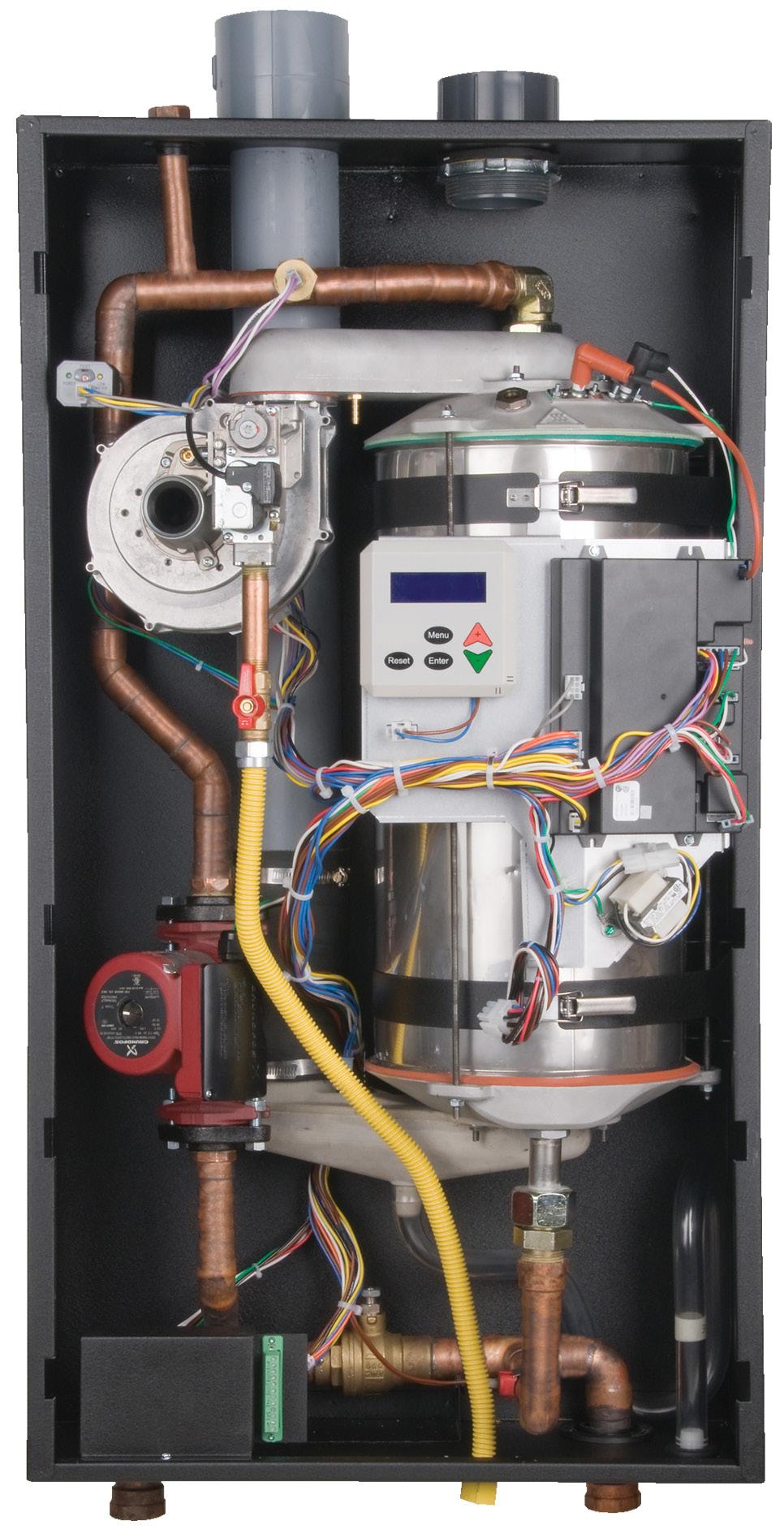 Self-cleaning design helps to remove hard water desposits and prevent scaling. Sight glass on top of heat exchanger permits easy viewing of the burner flame.