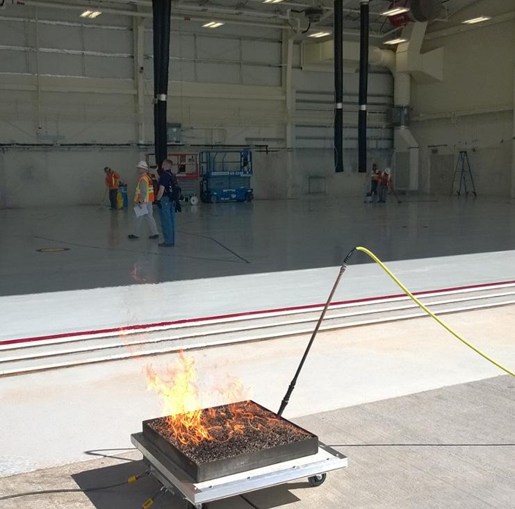 COMMERCIAL MRO LEFT IMAGE shows the soot and smoke generated by traditional pan fire testing versus an improved proof-testing methodology using a patent-pending Jet Fuel Flame Simulator.