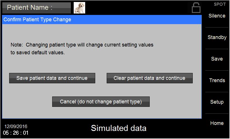 Figure 17: Confirm Patient Mode Change Screen Caution Switching modes from Horse, Dog or Cat to any other patient mode, shall recall