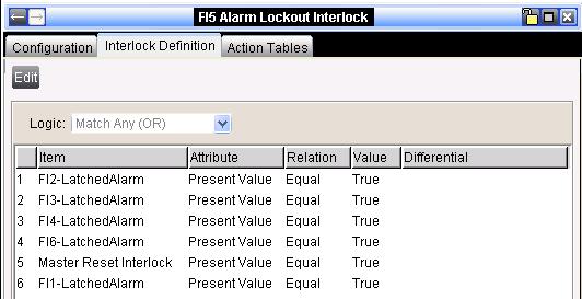 The Floor 5 Alarm Lockout Interlock Definition (Figure 29) locks out all floors except for Floor 5, when Floor 5 is in smoke alarm.